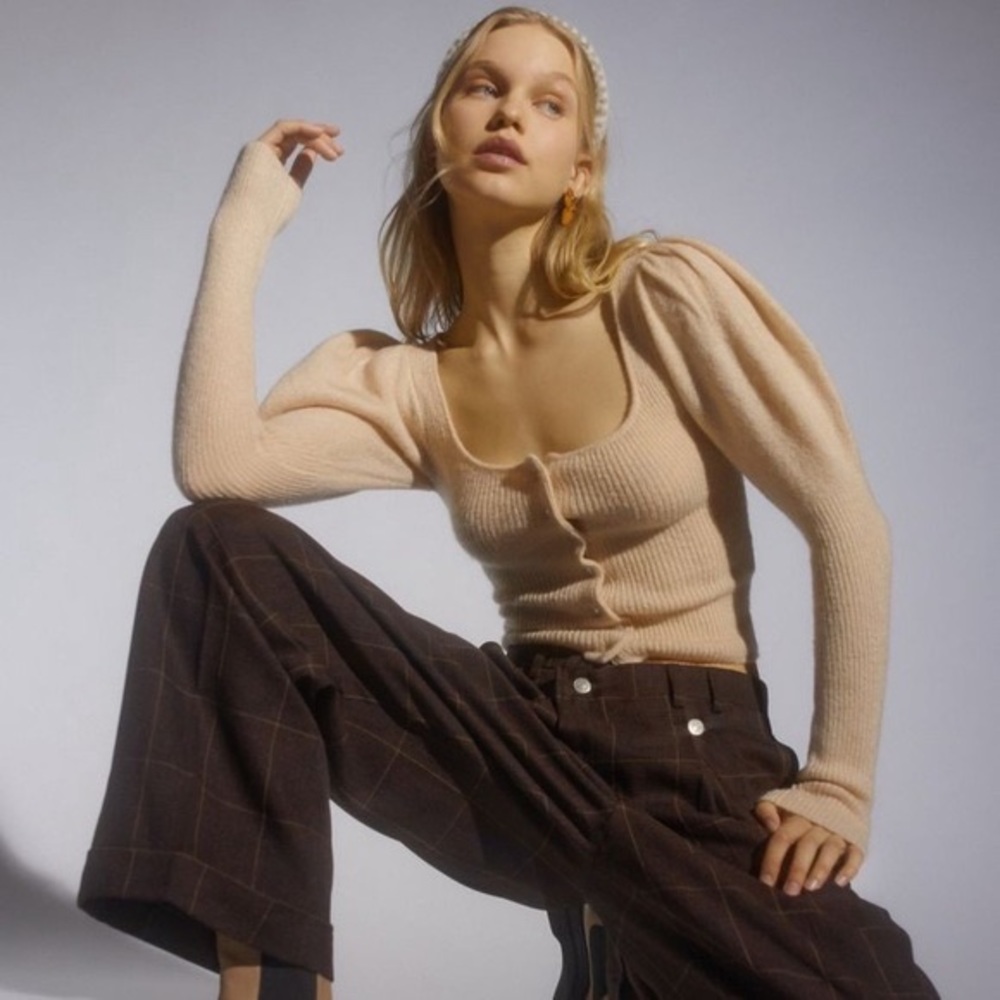 Urban Outfitters UO Ashley Puff-Sleeve Cardigan in Neutral